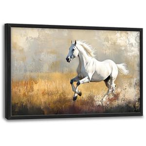 Extra Large Framed Horse Wall Art,Oversized Rustic Horse Running Wall Decor, Vintage Wild Animal Field Pictures for Living Room,Canvas Print Painting Modern Artwork Bedroom Office 36L x24W