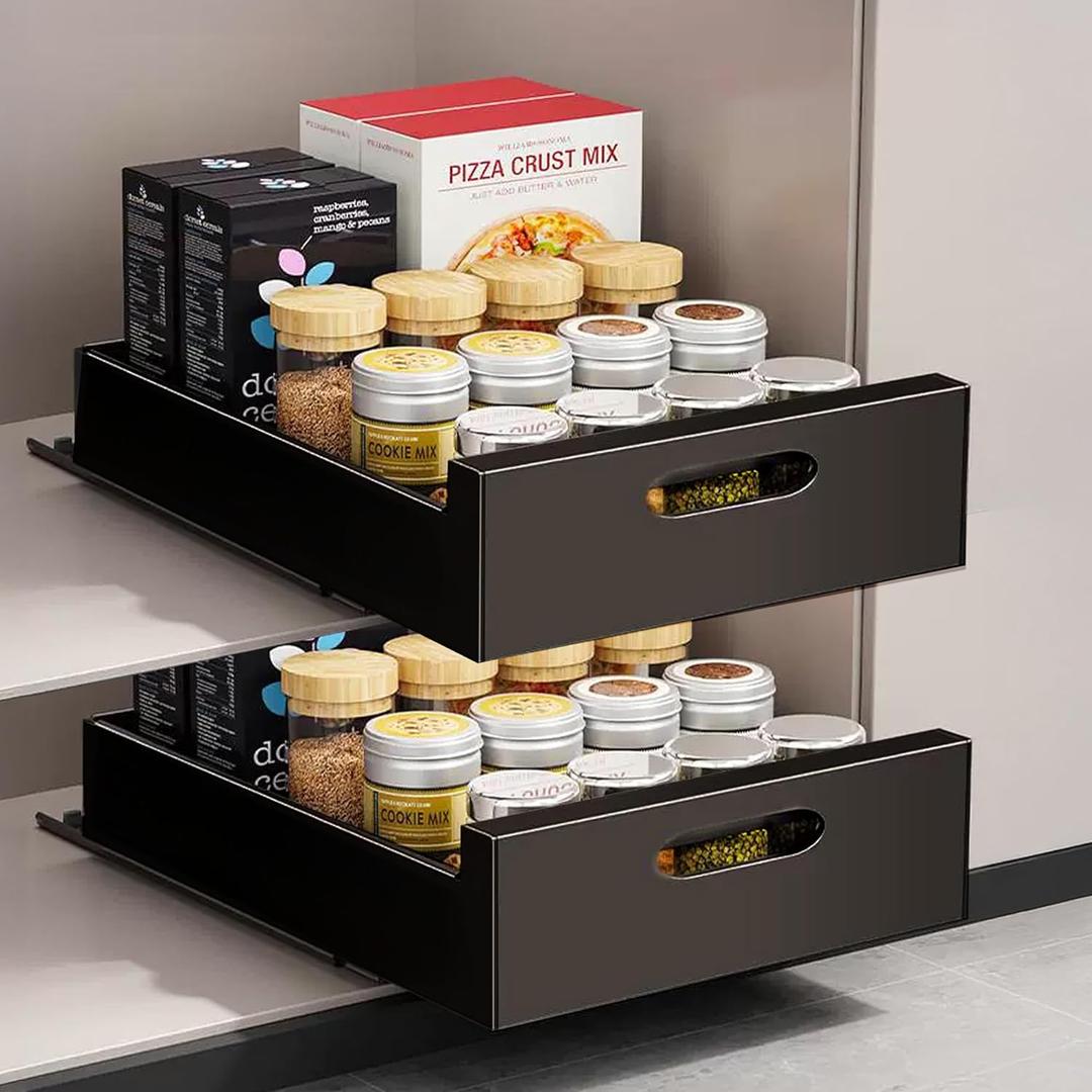 2 Pack Pull Out Drawers for Cabinets, 10" W Pull Out Cabinet Organizer Adhesive Sturdy Carbon Steel, Pull Out Shelves for Kitchen, Pantry and Bathroom Vanity, 10" W x 16.9"D x 3.1"H