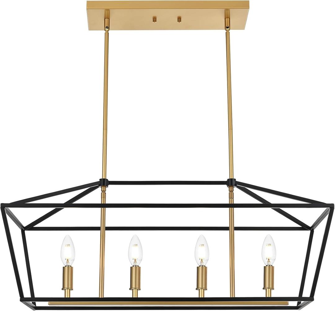 Kitchen Island Light 4-Light Linear Chandelier, Farmhouse Dining Room Pendant Lighting with Adjustable Height, Ceiling Lights Hanging Over Table (4-Lights, Black & Gold)
