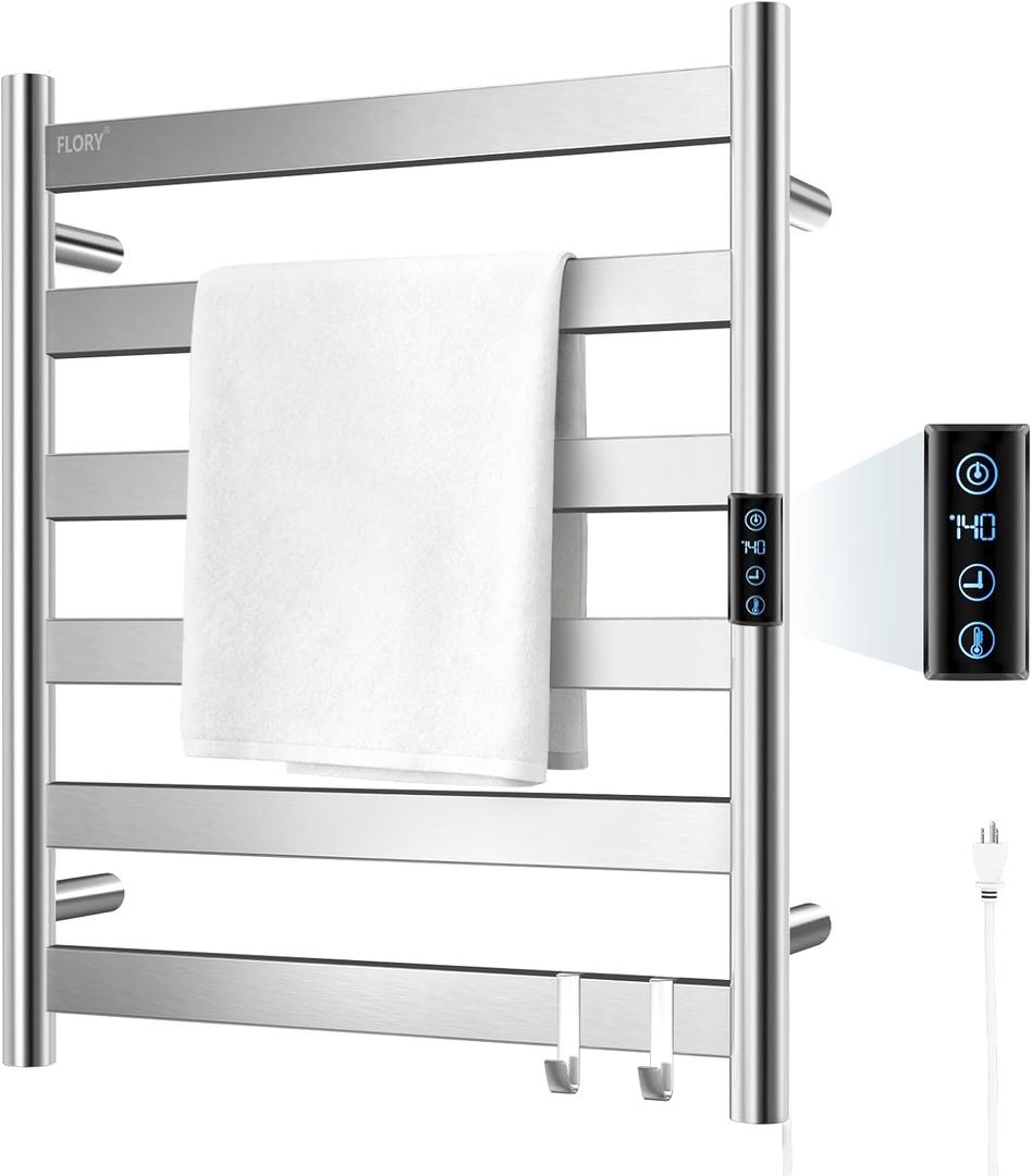 R FLORY Heated Towel Rack for Bathroom, 6 Bar Wall Mounted Towel Warmer Rack Flat with Timer & Temperature, Electric Towel Heater with LED Display Screen, Plug-in