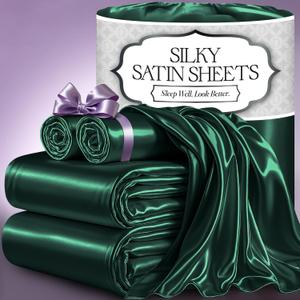 DECOLURE Satin Bed Sheets - 4 Piece Luxury Silky Queen Size Bedding Set - Softer Than Silk, Wrinkle-Free with 15 Deep Pocket Fitted Sheet, Perfect for Hair & Skin, Gifts for Women (Dark Green)