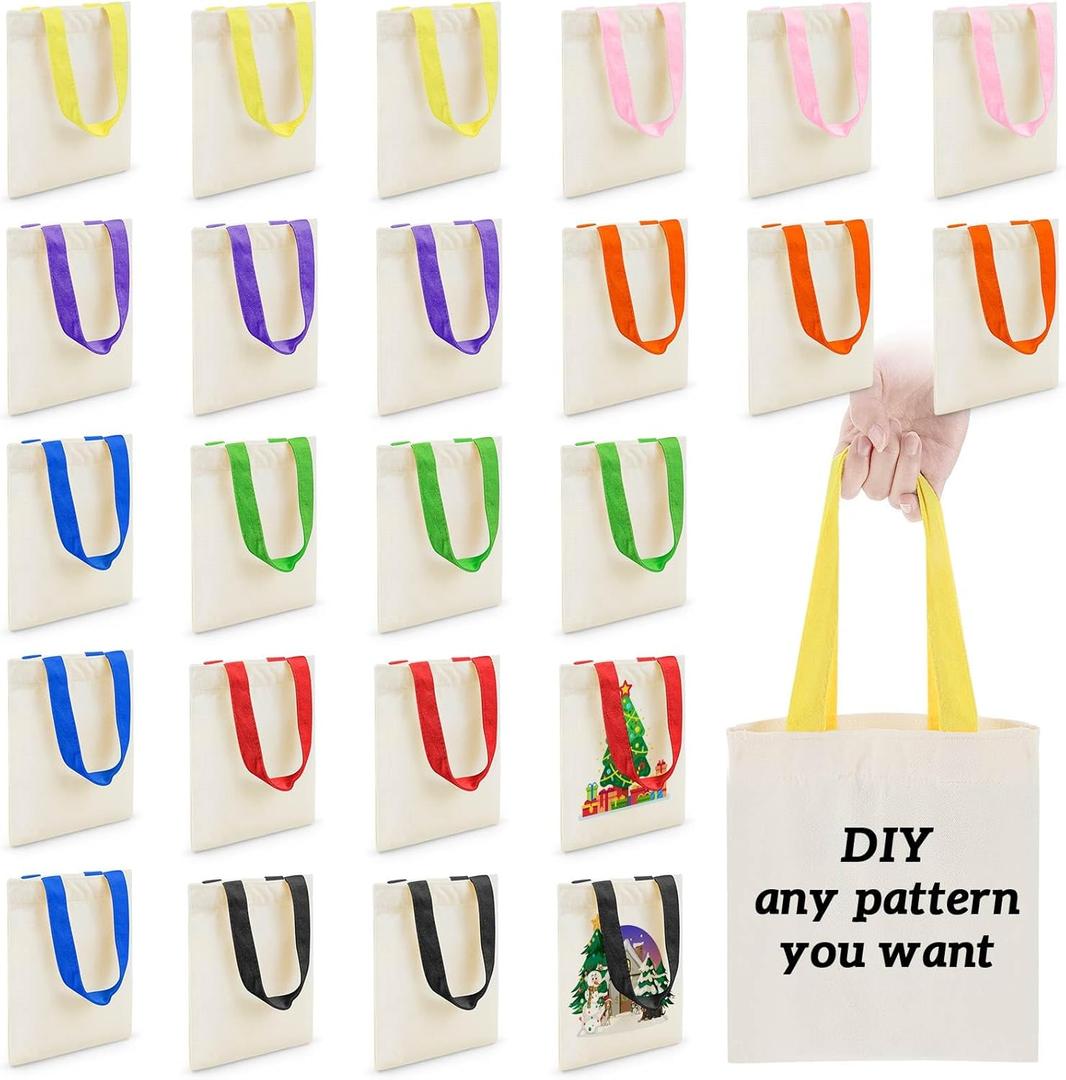 Amylove 24 Pcs Mini Tote Bag Sublimation Blank Canvas Tote Bags Reusable Grocery Luggage DIY Sack Goody for Party Even (8 x 10 Inch,Natural with Colorful Handle)