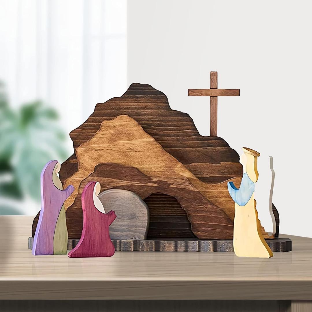 Easter Scene Wooden Decorations - Empty Tomb Easter Resurrection Scene Set and Cross Decoration - Religious Christian Jesus Nativity Decor for Home Table Office