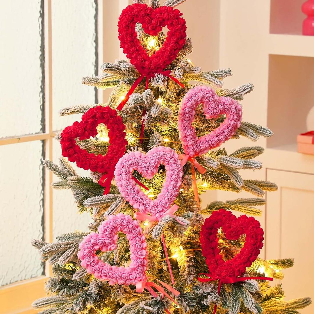 6 Pcs Valentines Day Tree Picks Large Red Pink Heart San Valentine Ornaments with Bow for Valentine's Day Tree Topper Decor Wedding Flower Arrangements Party Crafts Supplies