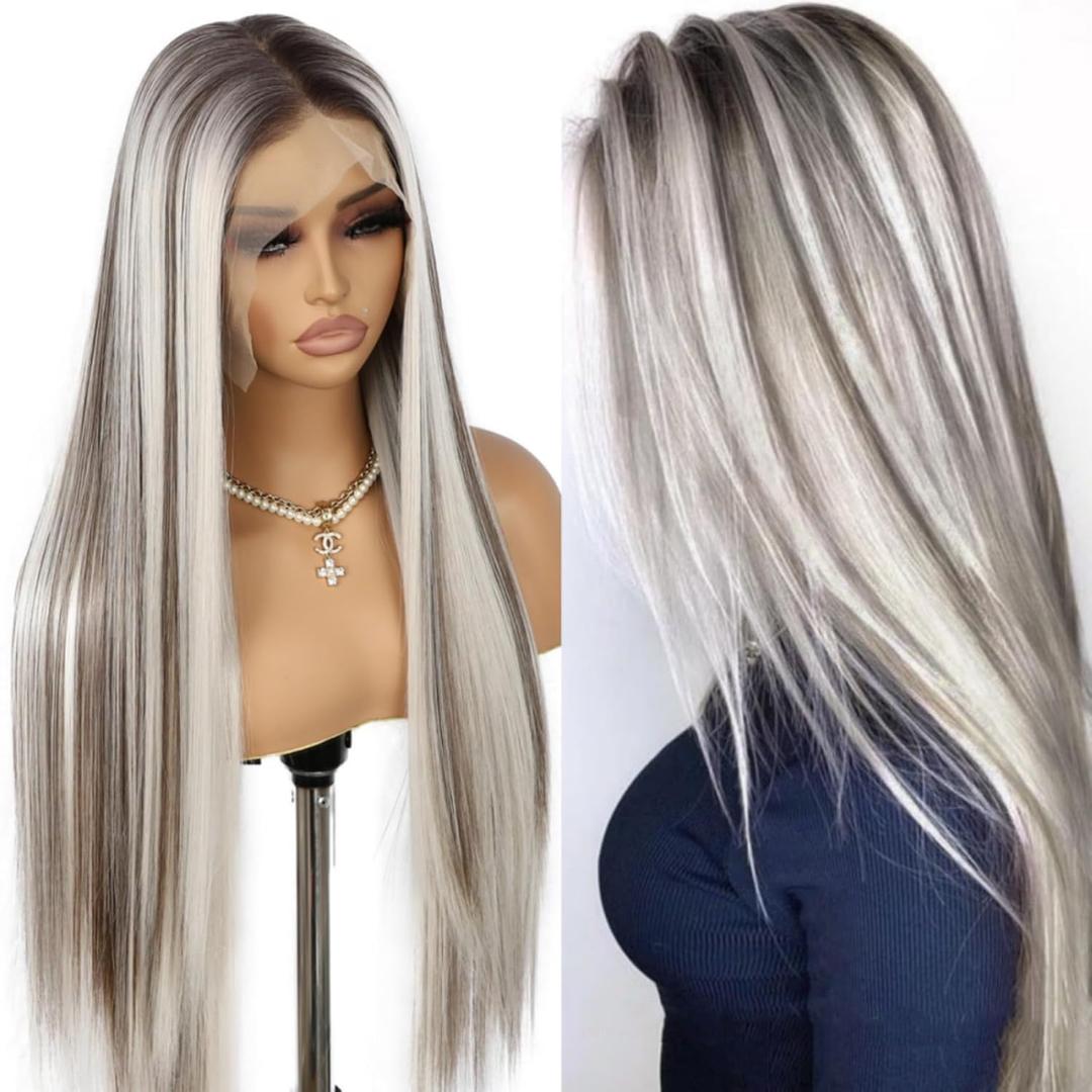 SAPPHIREWIGS Straight Synthetic Lace Front Wigs for Women Ombre Platinum Blonde Wigs with Brown Highlight Glueless 136 Long Silky Straight Wig Pre-plucked Hairline Daily Use 26 Inches