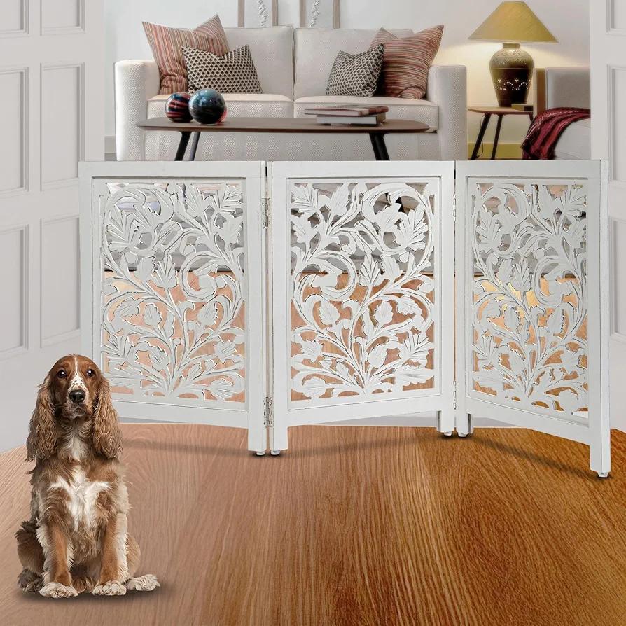 ECO CRAFT Antique White Wooden Tall Indoor Dog And Pet Gate (54"W x 24"H) Stylish 3 Panel Freestanding Solid Wood Foldable Gate For Doorways, Stairs Home Use