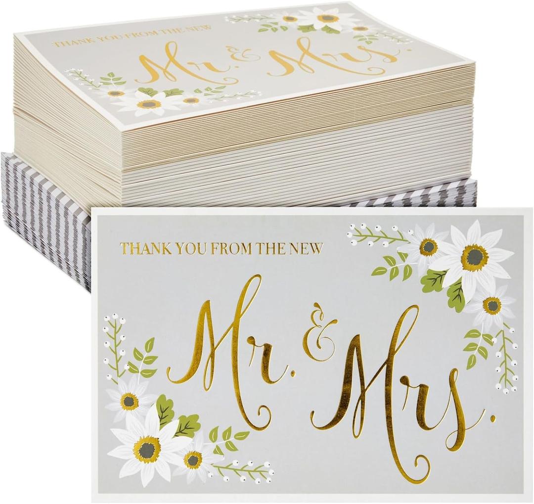 Wedding Thank You Cards - 48-Pack Gold Foil Thank You from The New Mr. and Mrs. Greeting Card, Envelopes Included, 10.2 x 15.2 cm