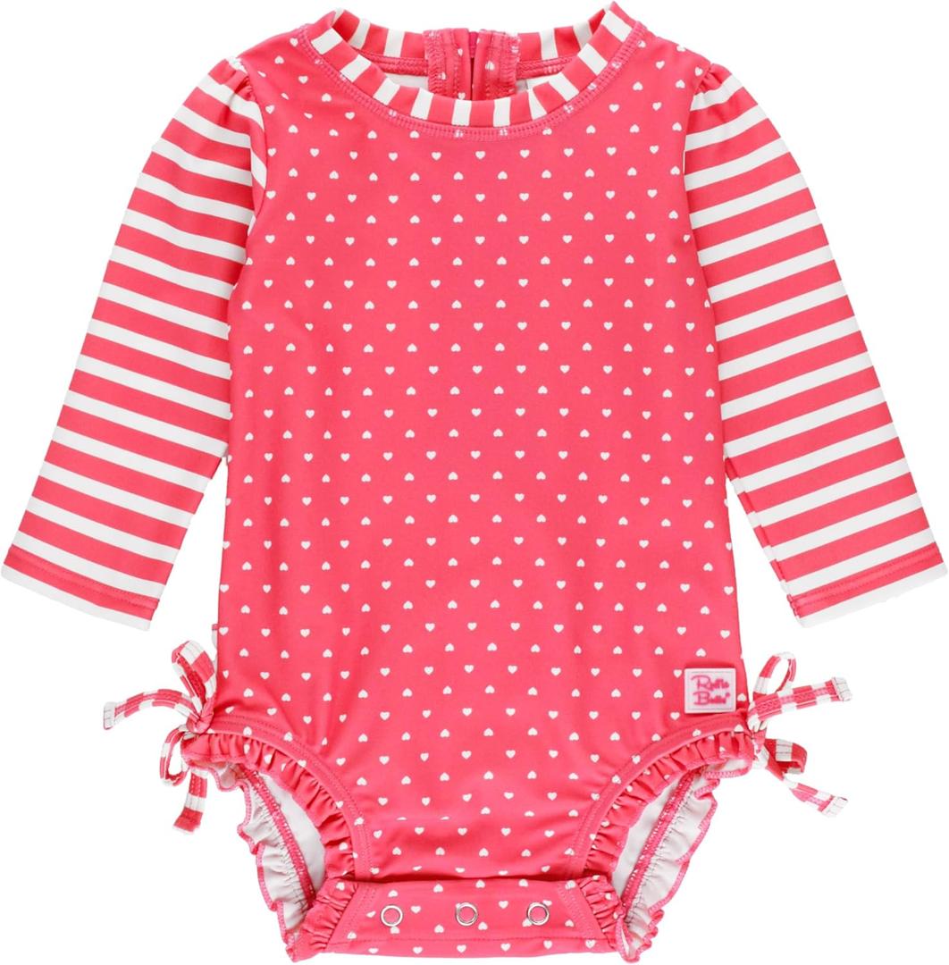 RuffleButts Baby Girls UPF 50+ Sun Protection Gingham Printed Long Sleeve One Piece Rash Guard Swimsuit with Zipper (2T, Hot Pink Heart)
