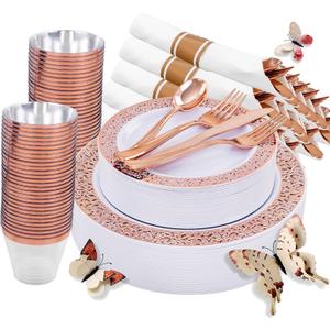 WELLIFE 350 PCS Rose Gold Disposable Dinnerware Set for 50 Guests, Disposable Rose Gold Lace Plates, Include:50 Dinner Plate, 50 Dessert Plates, 50 Pre Rolled Napkins with Silverware and 50 Cups