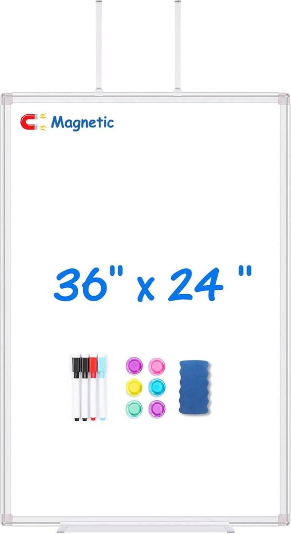 Magnetic Dry Erase Board for Doors, 36x24 Inch Whiteboard with Adjustable Long Arm Hook Mount - Easy to Install, Portable Hanging White Board for Home, Dorm Room, Office Cubicle & Small Spaces (Silver)