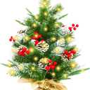 Small Christmas Tree with Lights 22 inch | Mini Xmas Tree with 50 Lights (8 Modes) 53 Tips 6 Berries 6 Pinecones | Tabletop Tree with Burlap Wooden Base | Nice for Bedroom Bathroom Window