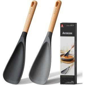 Astercook Cooking Spoon, Nonstick Safe Silicone Spatula with Long Wooden Handles, Heat Resistant, BPA-Free, Built-in Spoon Rest, 2 Pack Spatula Spoon for Stirring, Scooping, Scraping and Serving