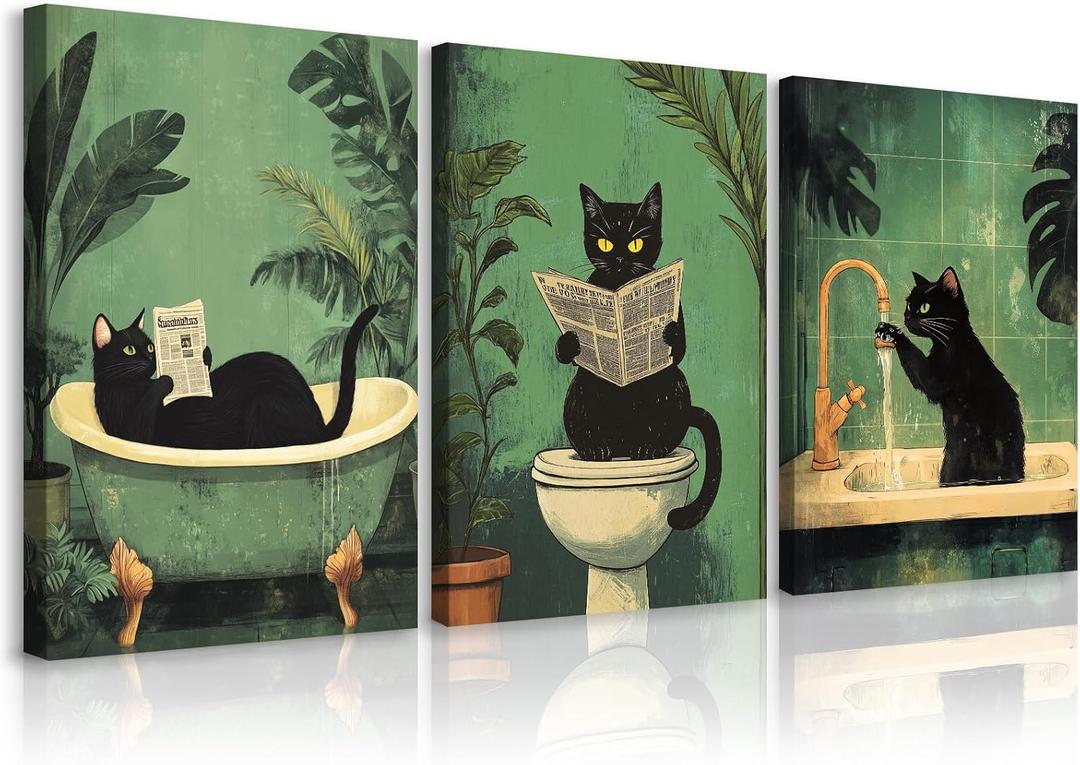 Cat Bathroom Wall Art Funny Canvas Wall Decor Black Cat Pictures Cute Prints Whimsical Bathroom Poster Quirky Animal Art Green Vintage Painting Artwork Cute Posters Toilet 12x16x3 Inch Ready to Hang