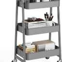 OLIXIS Metal 3 Tiers Utility Rolling Cart, Mobile Storage Shelf with Lockable Caster Wheels, Organization for Livingroom, Bathroom & Narrow Places, Gray