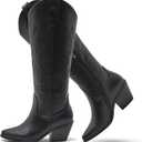 White Cowgirl Boots Wide Calf Cowgirl boots- Western Style Embroidered Knee High Cowboy Boots with Pointed Toe Chunky Heel Fashion Retro High Boot Pull-On (7, Black 1)