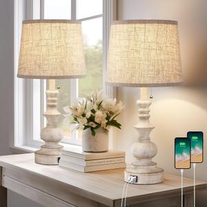 Table Lamps for Bedrooms Set of 2 Farmhouse Bedside Lamps for Nightstand with USB Charging Ports Traditional Side Table Lamps for Living Room Wooden Finish, Pull Chain, Bulbs Not Included
