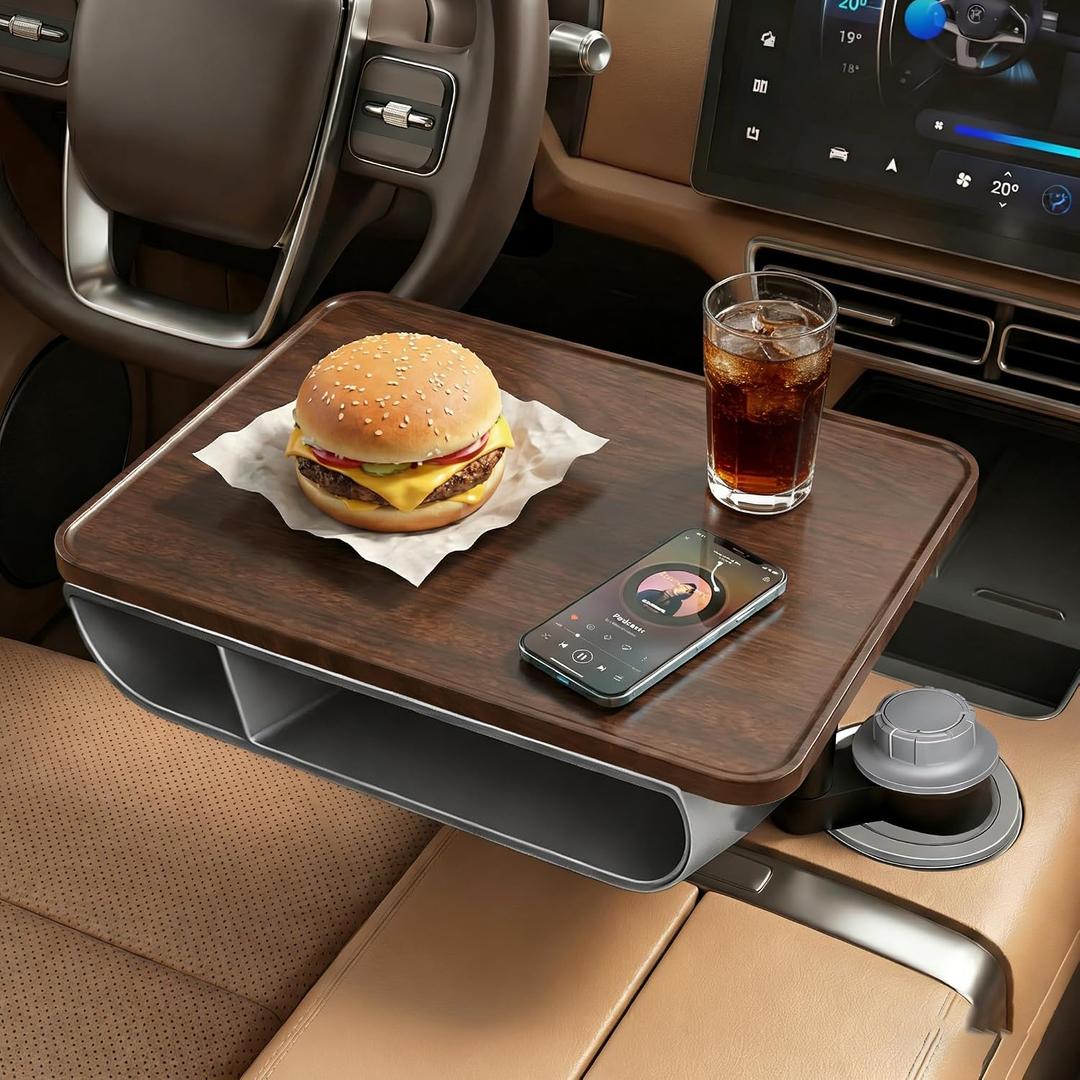 360 Rotating Wood Car Tray Adjustable Car Desk & Car Table Tray,Cup Holder Mount w/Extension Rod, Organizer Pouch,Storage Bag & Desk Mat,Compatible w/Tesla Model 3/Y/S/X & Most Vehicles