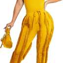 Vakkest Women's 2 Piece Outfits Sleeveless Tanks Top High Waist Fringe Long Pants Casual Tassels Bodycon Yoga Pants (XX-Large, All Yellow)