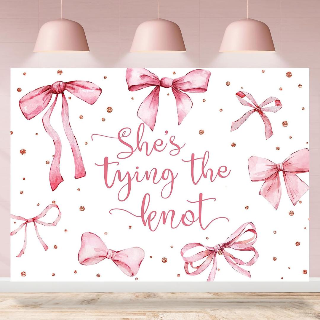 Bridal Shower Backdrop Pink Bowknot She's Tying The Knot Bachelorette Photography Background Engagement Wedding Party Decoration Supplies Favors Banner Photo Booth Studio Props 7x5ft