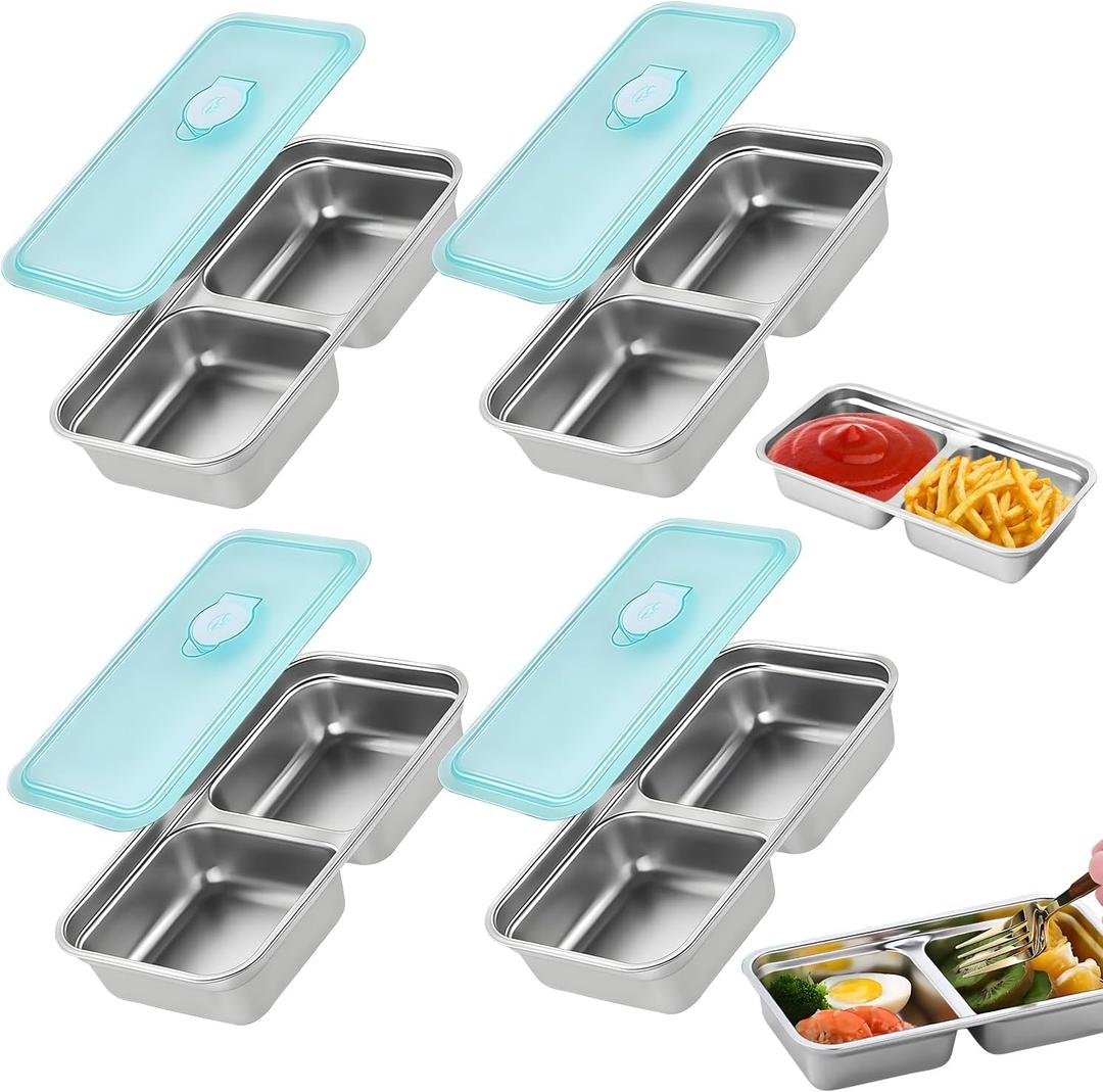 Grab and Go Snack Containers, Stainless Steel Double Compartment Snack Containers with Lids, Reusable Condiment Container-Dishwasher Safe,Travel & Outdoor Camping Food Storage (4pcs)