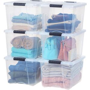 IRIS USA 40 Qt Stackable Plastic Storage Bins with Lids, 6 Pack - BPA-Free, Made in USA - See-Through Organizing Solution, Latches, Durable Nestable Containers, Secure Pull Handle - Clear