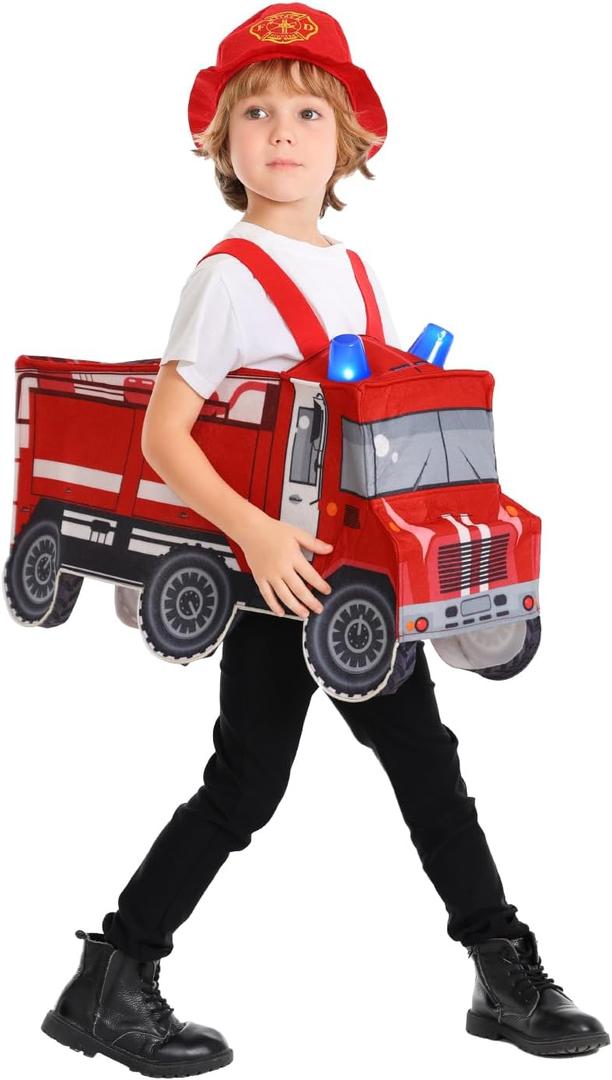 Kids Fire Truck Costume with Siren and Fire Lights, Funny Truck Costume Onesie with Helmet for Boys and Girls (5-7Y)
