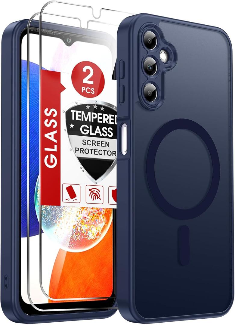 LeYi for Galaxy A14-5G Phone Case: Samsung Galaxy A14 Case [Magnet Fit] with 2X Screen Protector, [Camera Bump Protection] Frosted Translucent Soft & Protection para A14 Samsung Phone Case, Blue