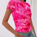 BTFBM Womens Sheer Mesh Summer Tops 2025 Crewneck Short Sleeve Print Ruched Crop Top Slim Fit Club Going Out T Shirts (Pink, S)