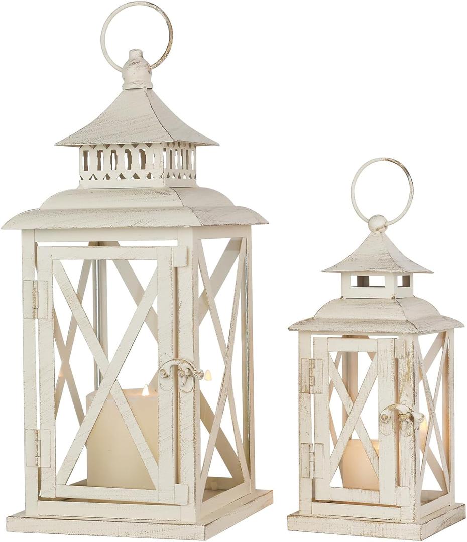 Lanterns Decorative Outdoor&Indoor, Set of 2 (14"&10") Beige Metal Lantern Decor with Glass, Candle Holder for Porch, Patio, Garden, Balcony, Wedding, Table Centerpiece