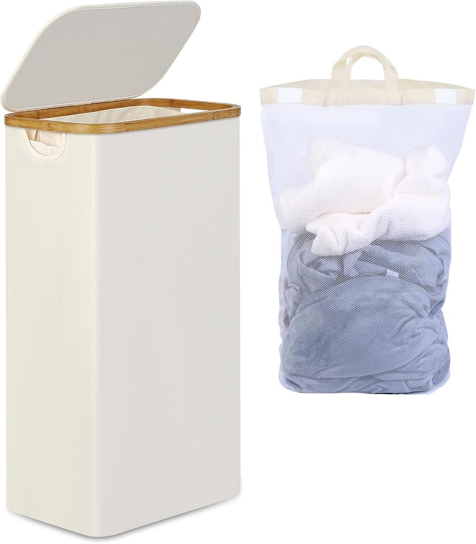 Slim Laundry Basket with Lid, Narrow Laundry Hamper with Removable Bag, Skinny Dirty Clothes Basket with Bamboo Handles for Bathroom, Bedroom & Laundry Room, 75L Beige