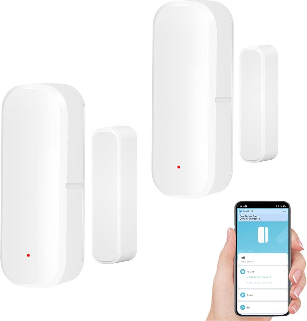 WiFi Door Sensor Window Detector: Smart Magnetic Door Open Detector with App Alerts, Wireless Home Security Contact Sensor, Tuya App Remote Control, Compatible with Alexa Google Assistant (2-Pack)