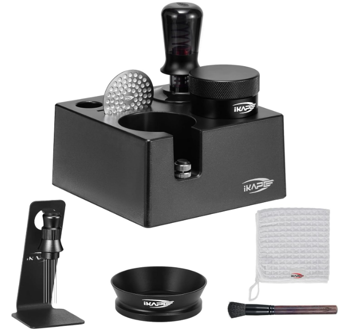 IKAPE 58MM Coffee Tamper Set Black 8 IN 1, Espresso Tamper Kit with Tamper, Gravity Adaptive Distributor, Magnetic Funnel, Puck Screen, Tamper Station, WDT Tool, Cleaning Towel and Brush