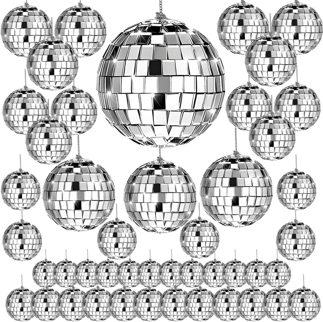 46 PCS Disco Mirror Ball Reflective Mini Glass Hanging Decorations Assorted Silver 6 Inches Large Disco Ball for Wedding Dance Music Ballroom Hall Props Club Stage Backdrop Props (6 Inch)