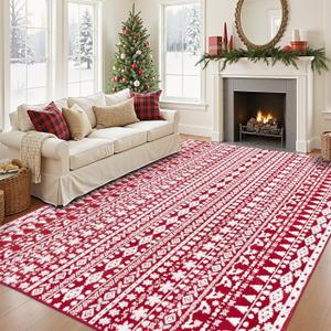 Christmas Area Rug 8x10 Christmas Trees Washable Carpet Xmas Red Modern Geometric Accent Rug Large Soft Floor Carpet for Bedroom Dining Room Indoor Home Xmas Holiday Decor