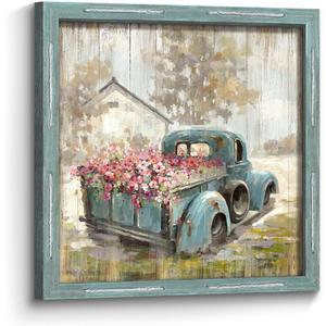 Farm Wall Art Framed Picture: Farmhouse Flowers Truck Wooden Painting Decor Countryside Print Rustic Country Scene Artwork for Living Room Bedroom, 30"L x 30"W