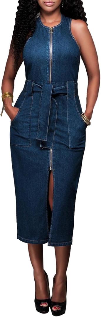 ECDAHICC Women's Sexy Jeans Dress Sleeveless Tank Denim Bodycon Dress Slit Belted Summer Blue Zipper Party Club Midi Dress (Medium)