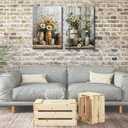 Farmhouse Daisy Floral Canvas Wall art Vintage Rustic Painting Prints Country Flower Still Life Botanical Wall Decor Rust Color Watering Can Poster Picture for Bathroom Living Bedroom Wood Framed