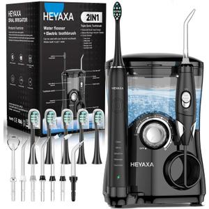 Water Flosser & Ultrasonic Electric Toothbrush Combo, 600ML Water Dental Flosser with 7 Jet Tips, 10 Adjustable Water Pressure, 5 Toothbrush Heads for Home Use, Gums, Braces (Black)