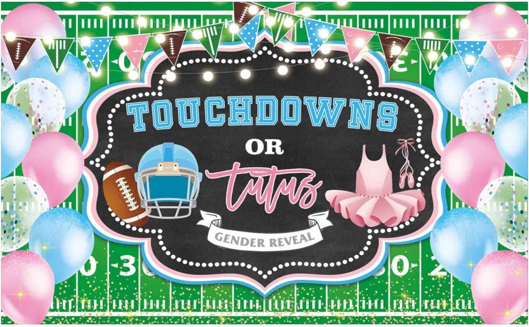 Funnytree 70.8" x 43.3" Touchdowns or Tutus Gender Reveal Backdrop American Football Theme Pregnant Announcement Gender Neutral Party Supplies Baby Shower Banner Decor Photo Booth Prop Background