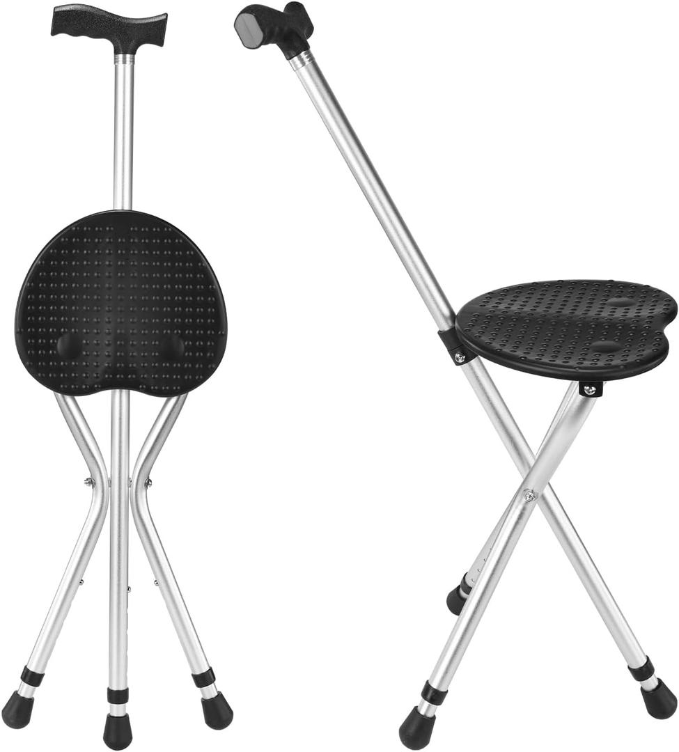 Adjustable Folding Walking Cane with Seat Allows Durability While Walking and Convenience for Sitting, Alloy Crutch Chair, Anti-Slip Lightweight Walking Stick for Seniors (black gray)