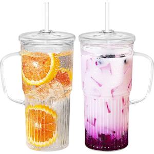 Glass Tumbler with Lids and Straws 2Pack 20oz Glass Cup with Handle-Wide Mouth Ice Coffee Cup Borosilicate Drinking Glasses for Smoothie Drinks