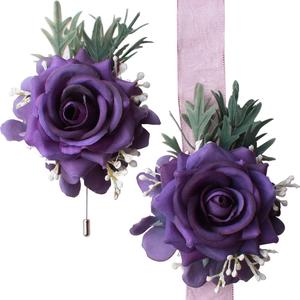 Rose Wrist Corsage and Boutonniere Set for Wedding Prom Ceremony Anniversary Party Decoration (Purple)