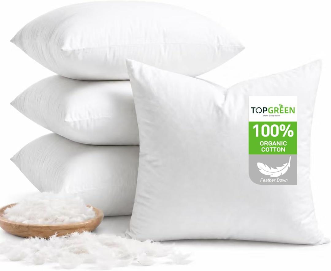 TOPGREEN Feathers Down Pillow Inserts 16x16 (Set of 4, White), 100% Organic Cotton Shell, Soft Decorative Square Throw Pillow for Living Room Sofa, Couch, or Bed