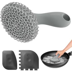 SUBEKYU Cast Iron Scrubber with Silicone Handle, Stainless Steel Skillet Cleaner for Cast Iron Pans (Gray Scrubber + Scraper)