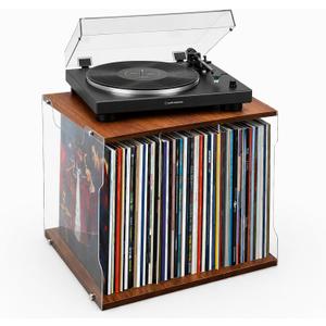 Wooden Acrylic Record Storage, Modern Minimalist Record Box, 80-Record Album Storage Box, Perfect Record Organizer for Home Decor and Collection Display (Brown)