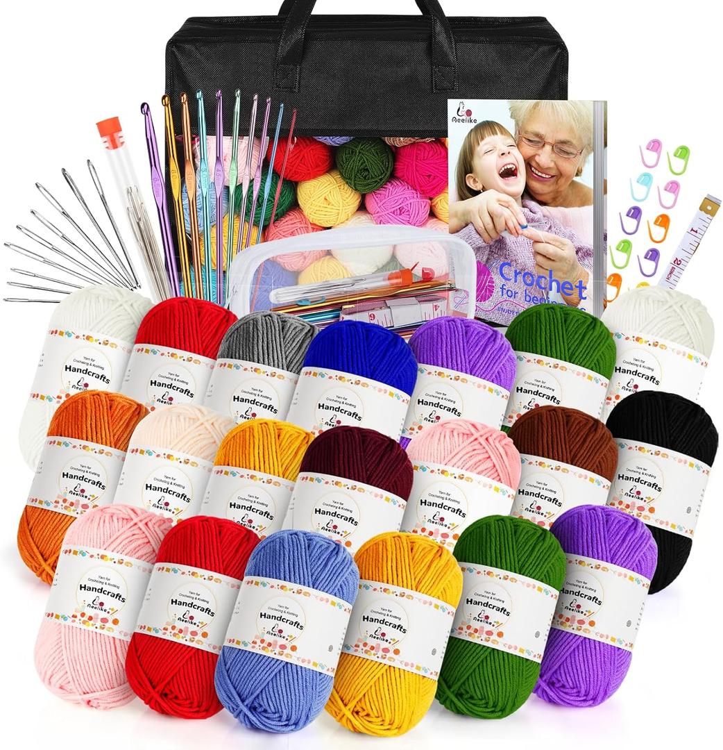 Aeelike 20pcs Acrylic Yarn for Crocheting, Crocheting Set for Beginners, Crochet Kit with Everything Include 1093 Yards Yarn, Aluminum Crochet Hooks, Step-by-Step Instruction and Black Organizer Bag