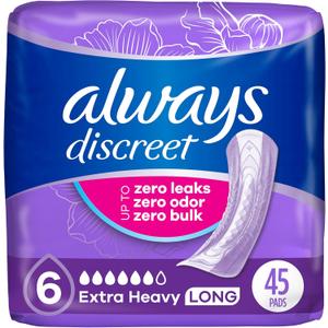Always Discreet Adult Incontinence Pads for Women, Drier, 6 Drop Long Length, Extra Heavy Absorbency, Pads for Bladder Control Management, Bladder Leaks, & Postpartum Pads, 45ct