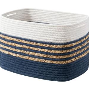 UBBCARE 1 Pack Baskets for Organizing, Woven Storage Baskets for Toys and Towel, Rectangle Cotton Rope Basket with Handles, 14''L x 8''W x9''H, Navy Blue