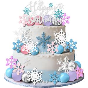 35 PCS Snowflake Cake Toppers Birthday Party Supplies Blue Balls Cake Decor Winter Wonderland Party Supplies Baby Shower Favors