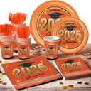 Graduation Decorations 2025 Orange and Black - Complete Disposable Tableware Set for 24 Guests, Includes Paper Plates, Cups, Napkins, Cutlery - Perfect for Graduation class of 2025 Celebrations